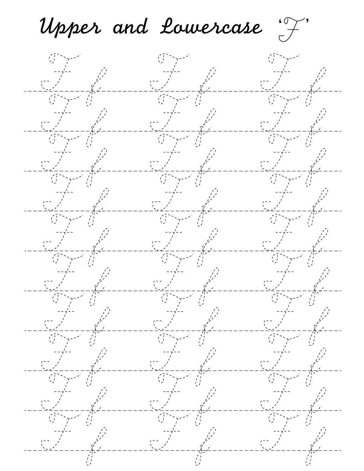cursive f worksheets to practice capital upper and lowercase letter