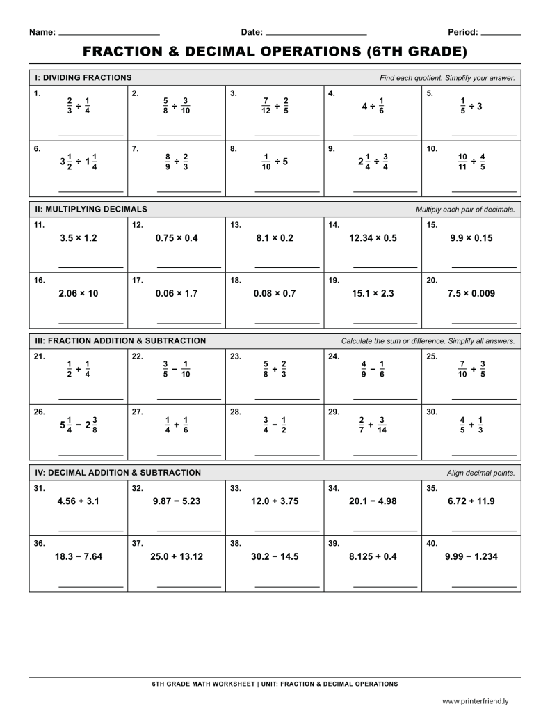 showing a printable 6th-grade math worksheet divided into four grid sections covering dividing fractions, multiplying decimals, fraction addition and subtraction, and decimal operations.