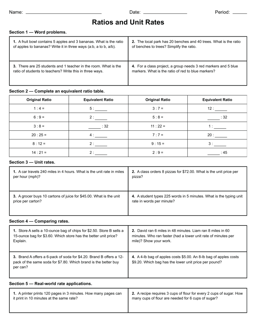 displaying a grade 6 math activity page with sections for ratio word problems, equivalent ratio tables, unit rate calculations, and rate comparisons.