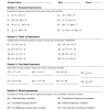 featuring a middle school math worksheet with exercises for evaluating expressions, PEMDAS order of operations, solving one-step linear equations, and writing algebraic terms.