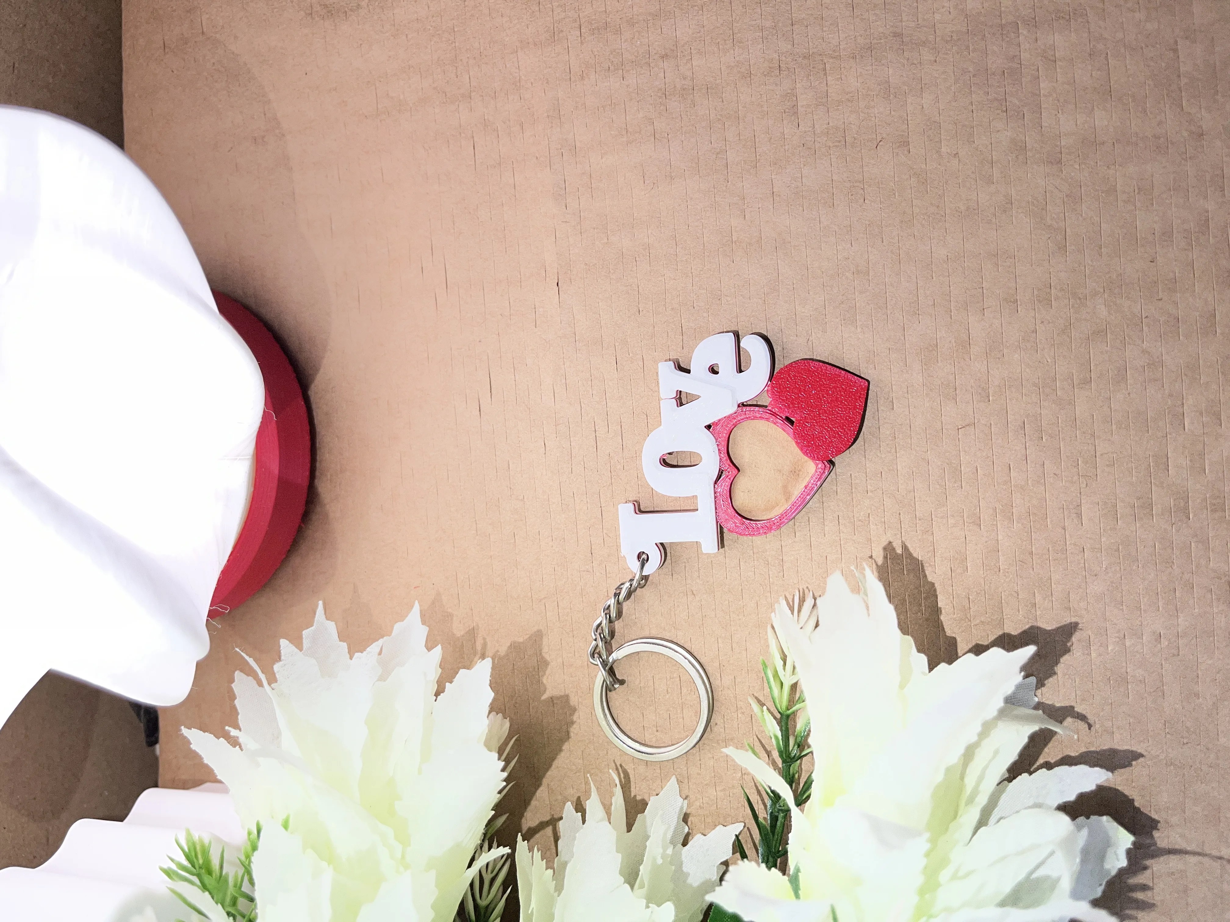 Love Keychain Secret Photo Frame – 5H × 5W × 1D cm | White & Red | 3D Printed Heart Keychain with Hidden Photo Slot | Perfect for Couples & Gifting