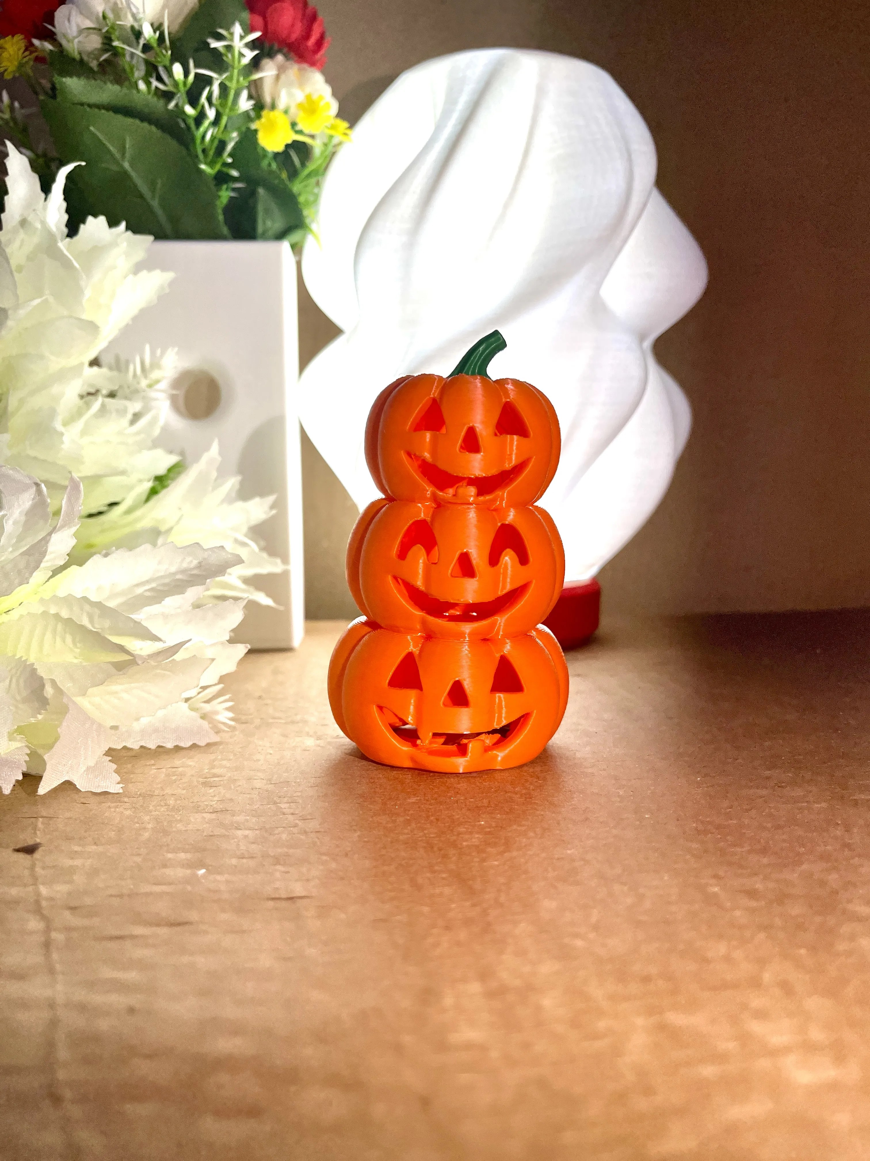 Triple Halloween Pumpkin Tea Light – 10H x 6W x 6D cm | Orange & Green | 3D Printed PLA | Jack-O’-Lantern Stack Candle Holder