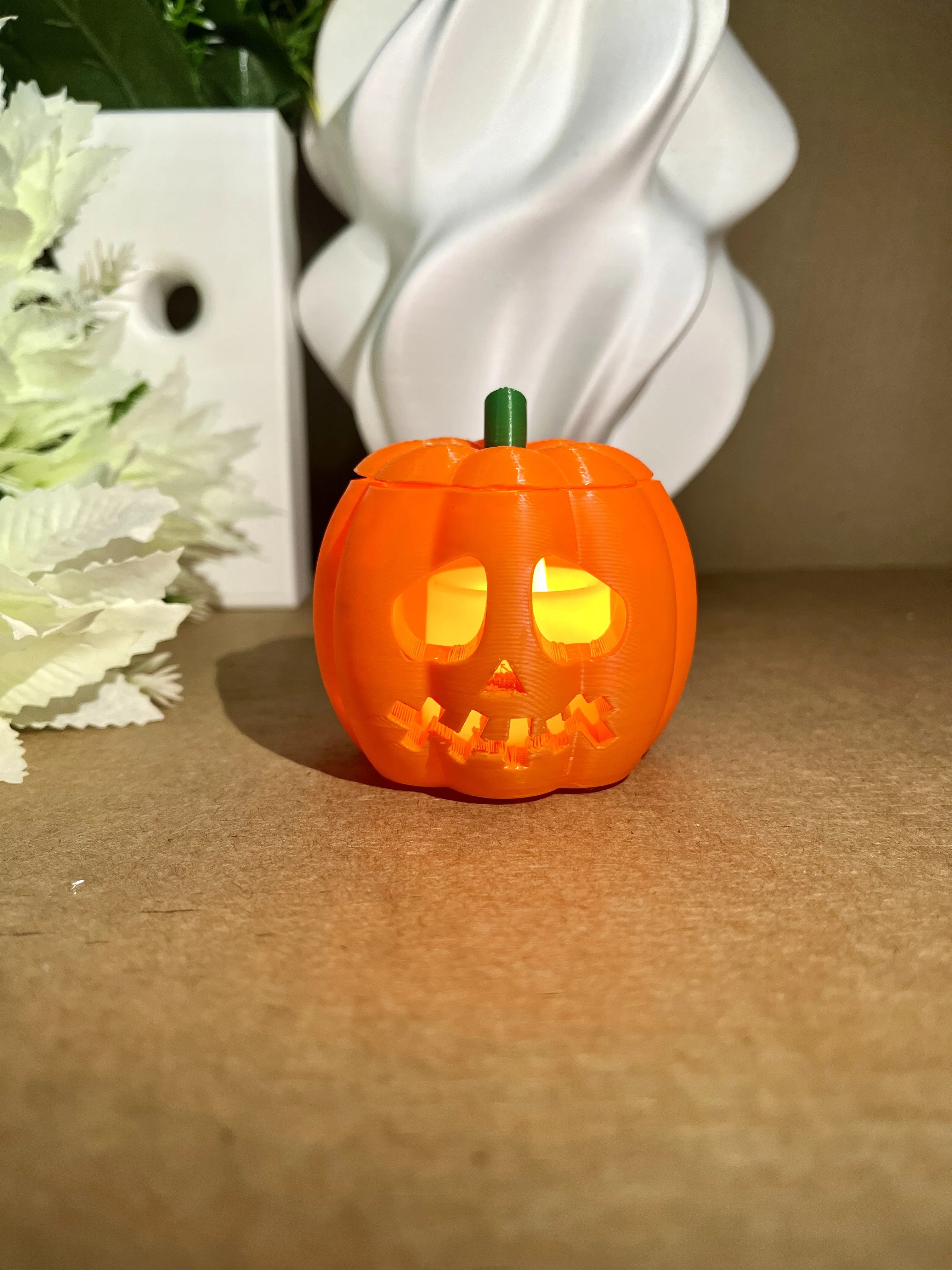 Halloween Pumpkin Tea Light Holder – 5H x 7W x 7D cm | Orange | 3D Printed PLA |LED Jack-O’-Lantern Candle Decor