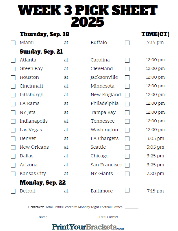 Printable Nfl Week 3 Schedule - Printable World Holiday