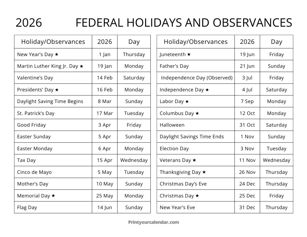 Federal Holidays 2026 Free Printable 2026 US