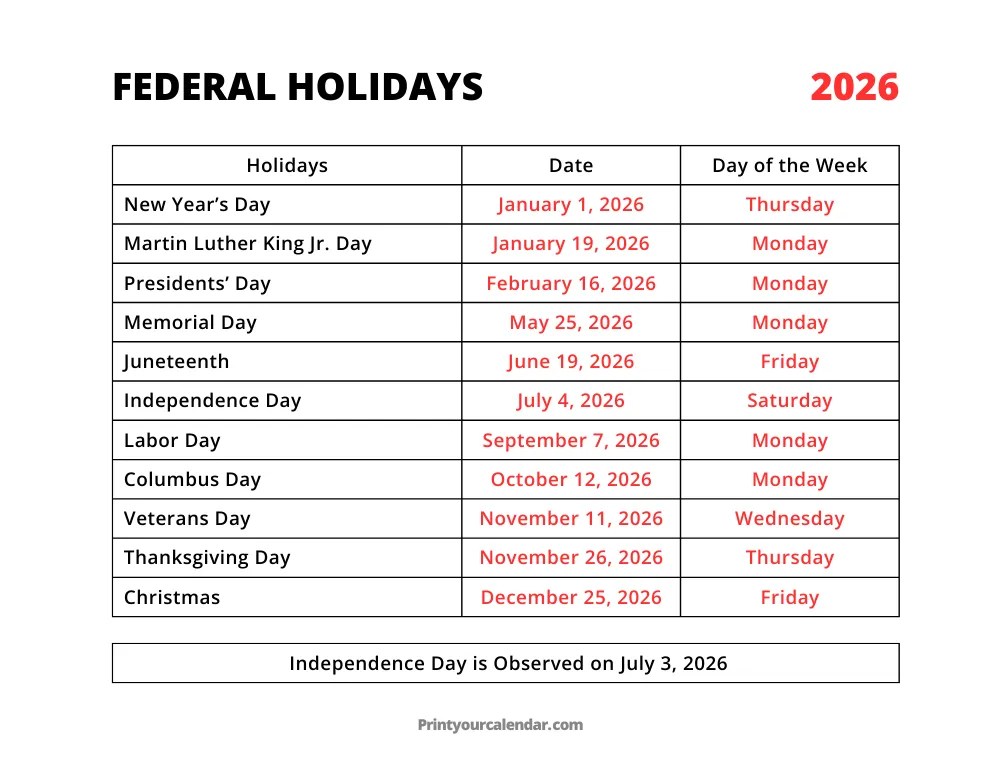 Federal Holidays 2026 Free Printable Federal Holidays 2026