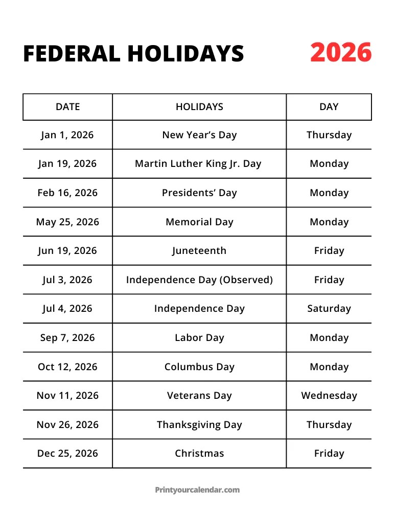 Federal Holidays 2026 Calendar Printable Free 2026.