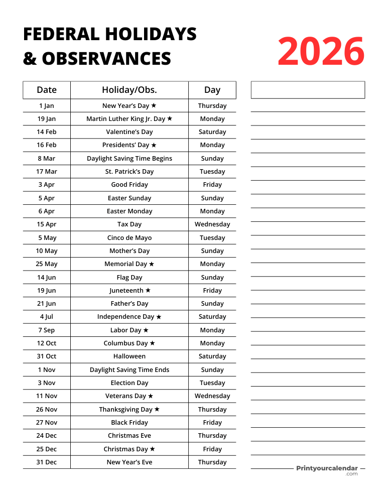 Federal Holidays 2026 Free Printable US Federal Holidays 2026.webp