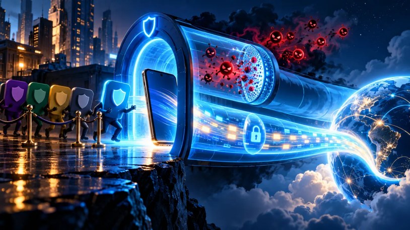 Un único portal VPN conduce el tráfico del teléfono a través de un filtro y un túnel cifrado