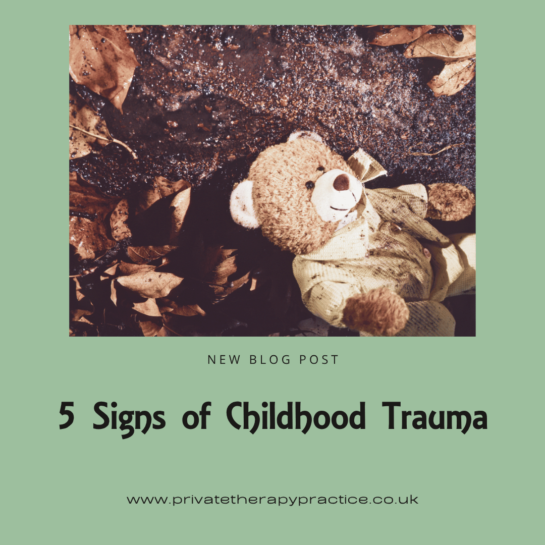 A photo of a lost teddy on the ground surrounded by leaves, the teddy is dirty. Below the photo on a green background is the text "5 Signs of Childhood Trauma"