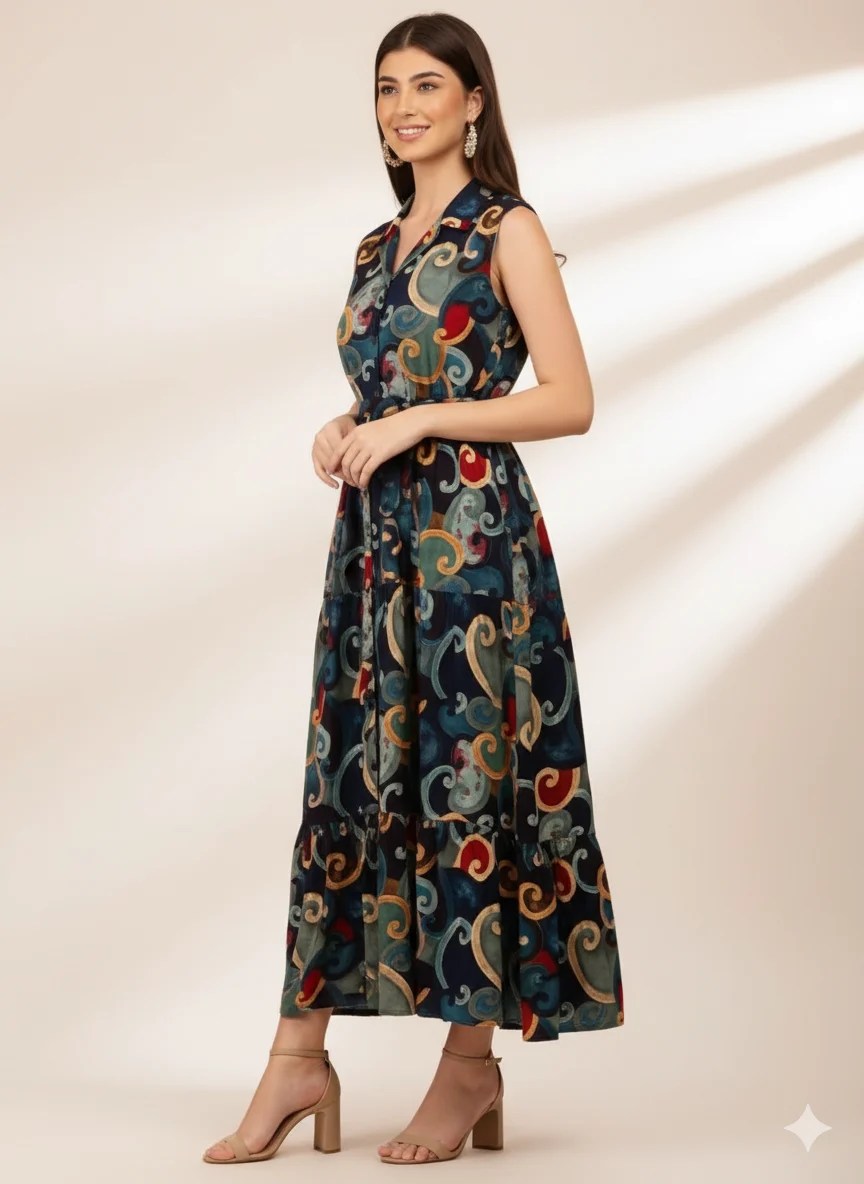 Priyasa - Women's Fit and Flare Midi Dress | Sleeveless Front Floral Print Cotton Dress