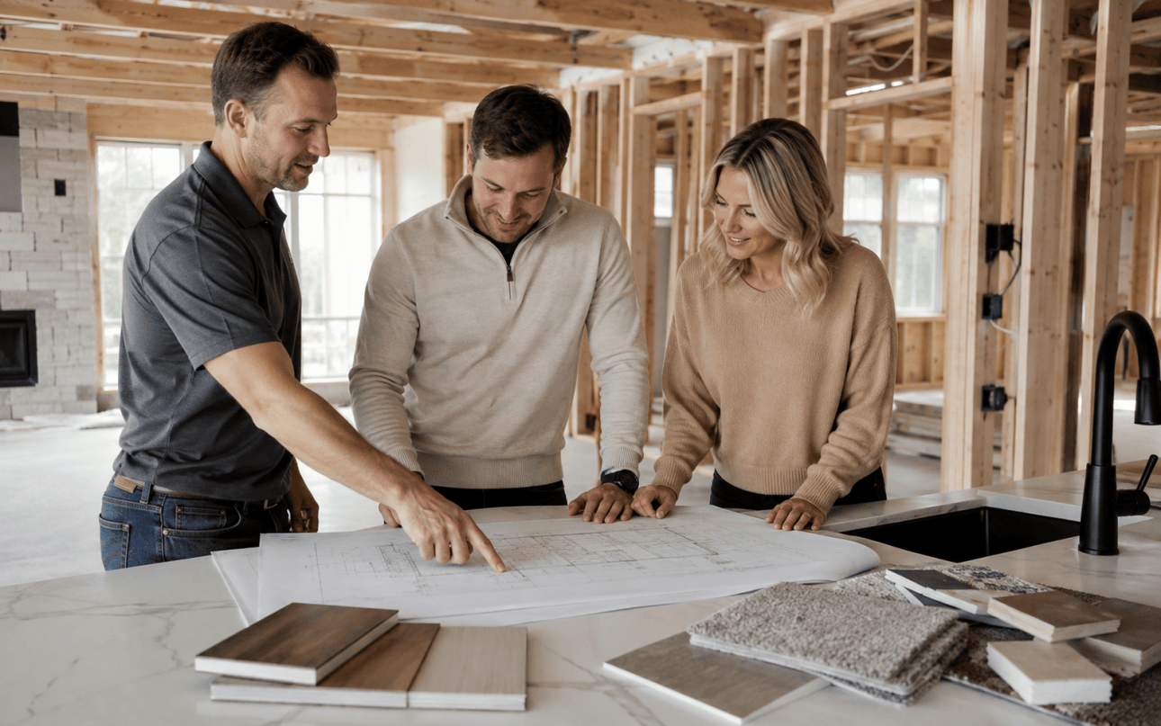 Homeowners and builder reviewing new home floor plans and material selections during construction.