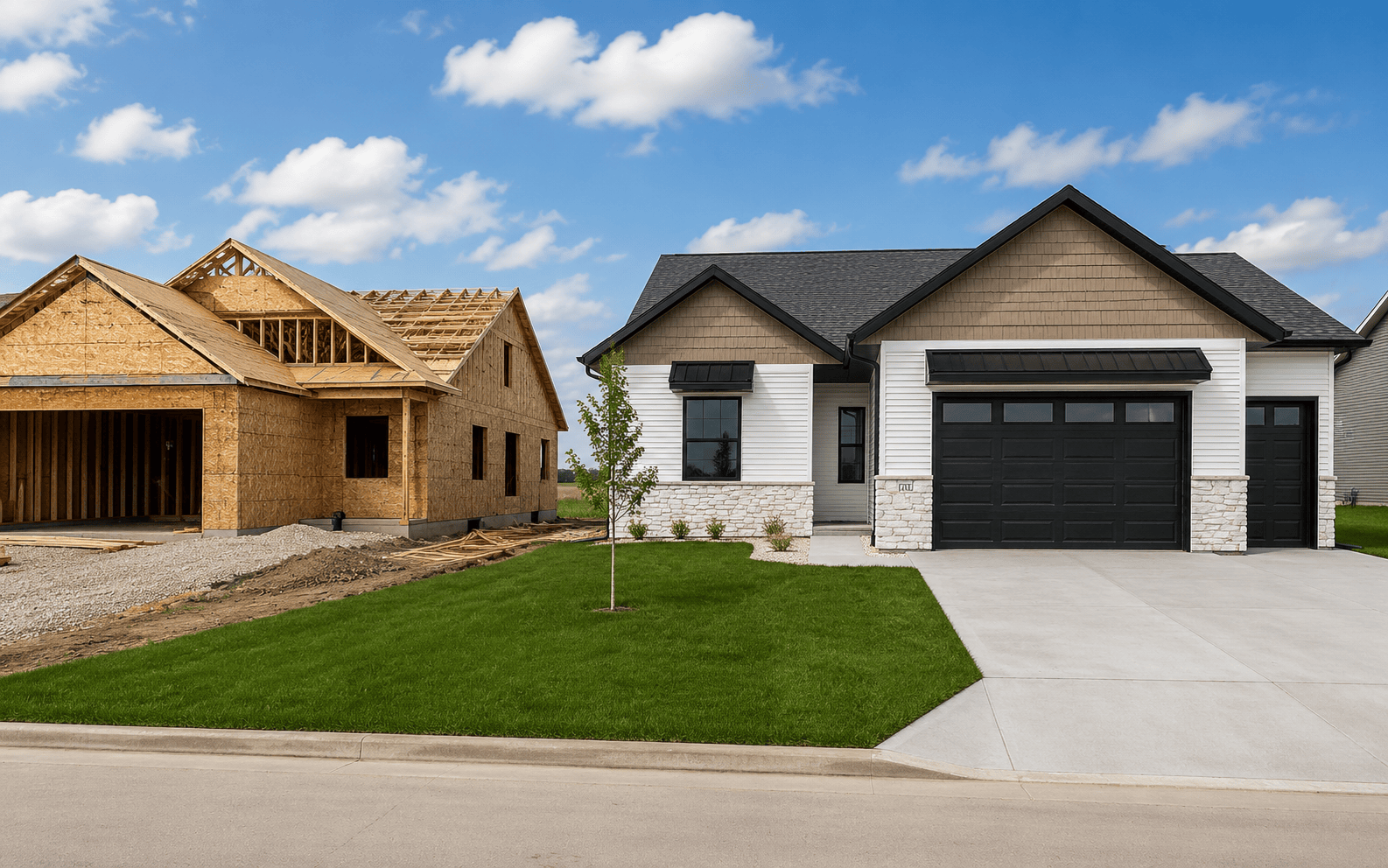 Completed modern home beside a similar house under construction in a suburban Iowa neighborhood.