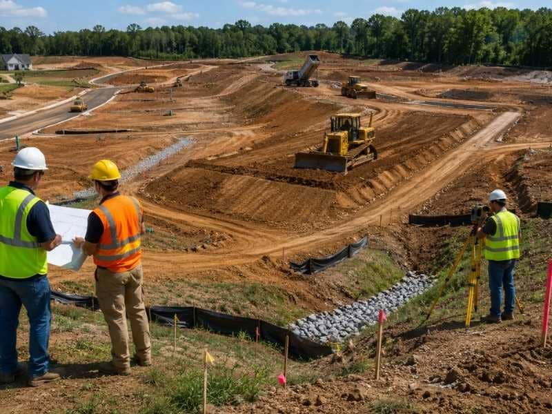 Grading plan for a subdivision showing earthwork, cut and fill operations, survey staking, and road layout before project approval.