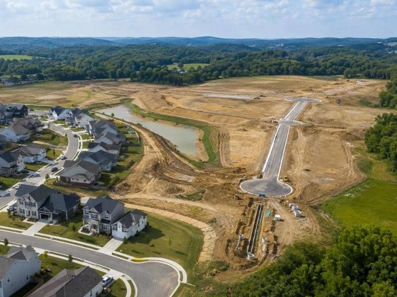 Aerial view of subdivision engineering work in Nashville, with completed homes, new streets, drainage features, and land prepared for future phases