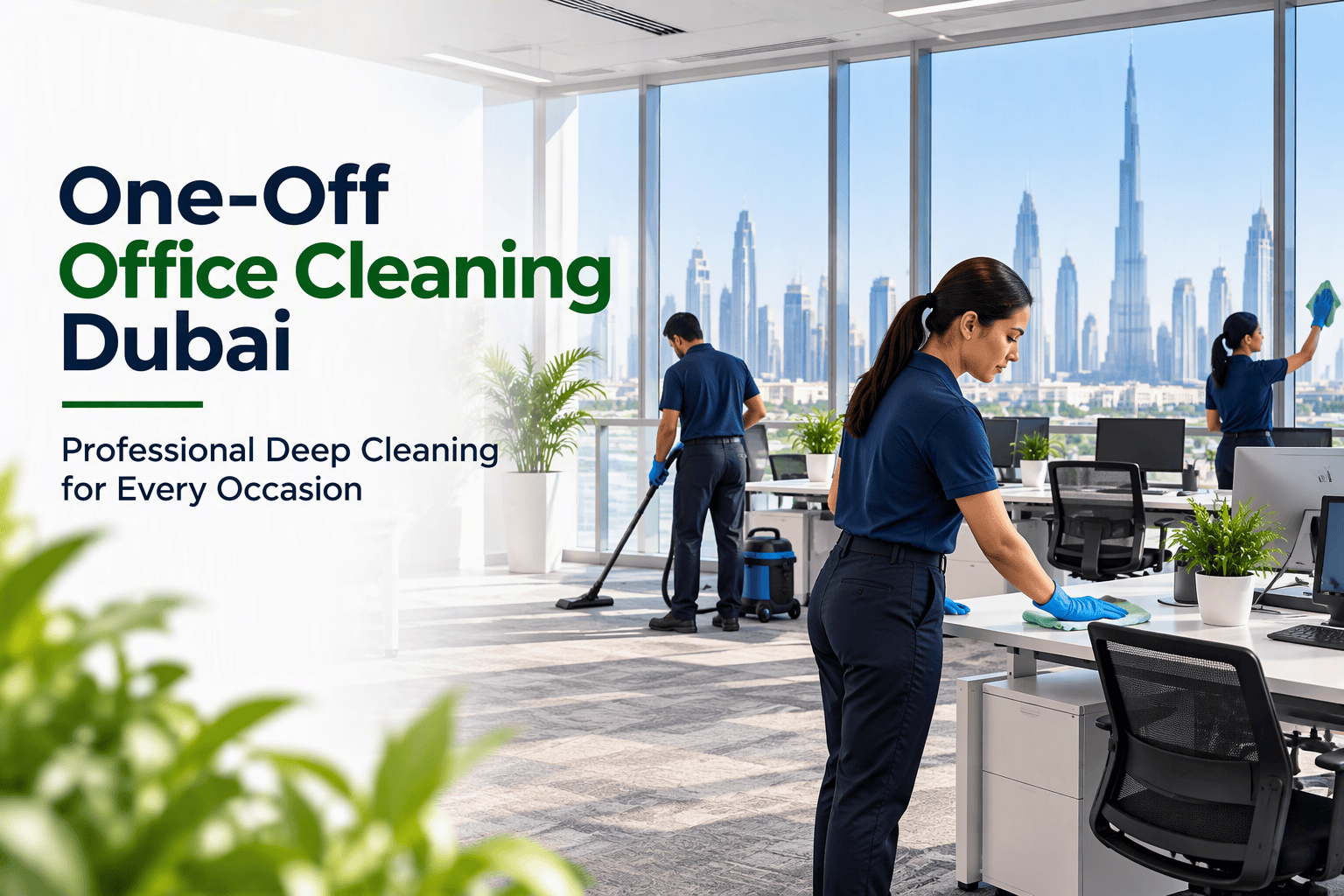 Professional one-off office cleaning service in Dubai with trained cleaners deep cleaning a modern corporate office Show more lines