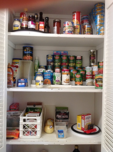 three shelves of packaged foods