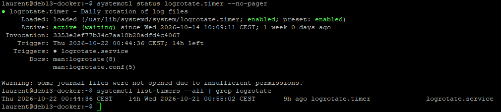 Service systemd de rotation des journaux actif