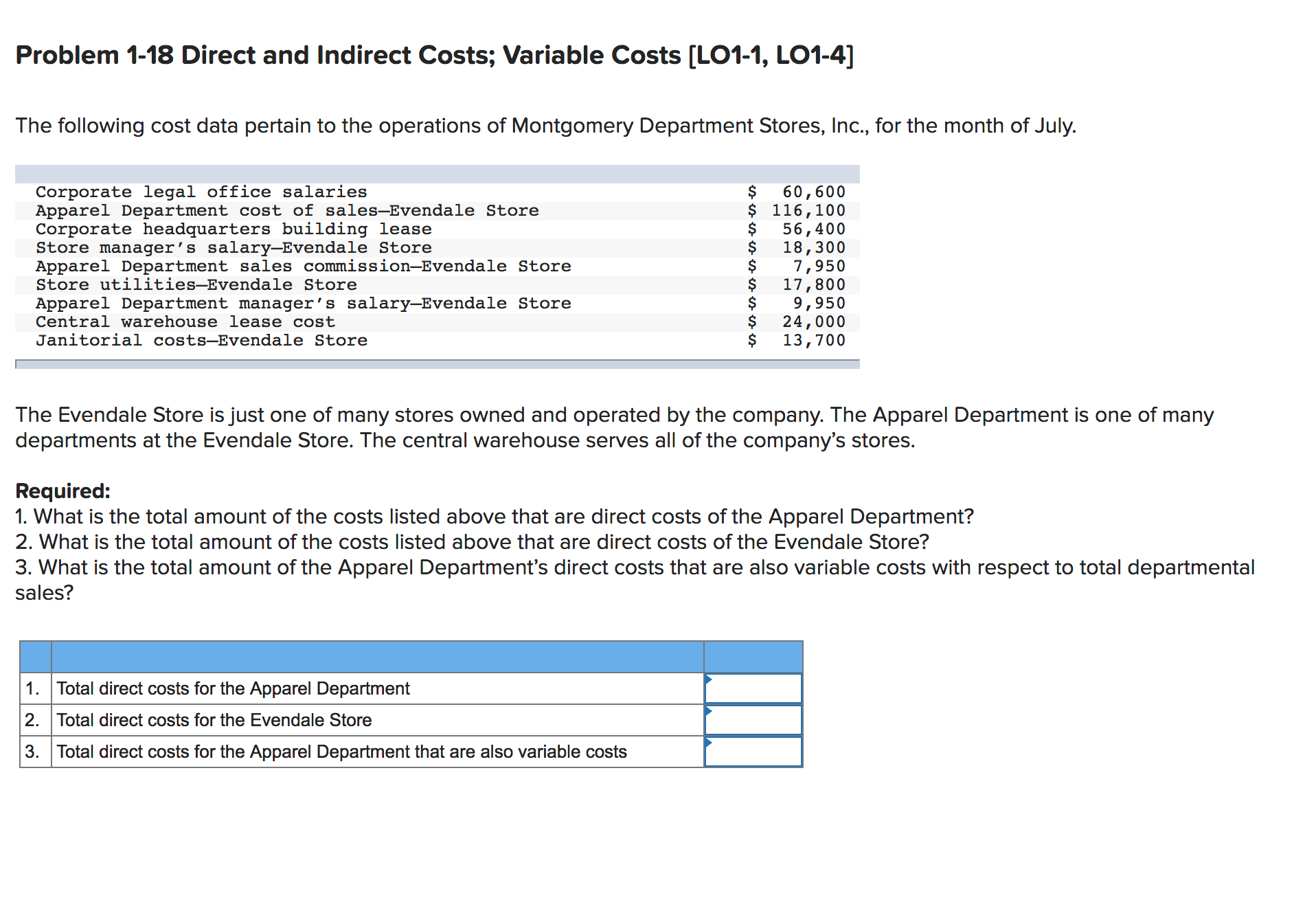 Answered Problem 1 18 Direct And Indirect Costs Bartle 