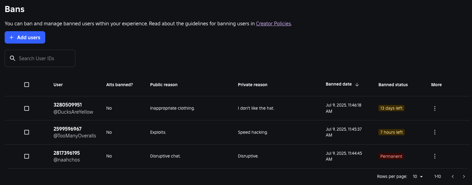 Bans Roblox Creator Hub Bans Overview 