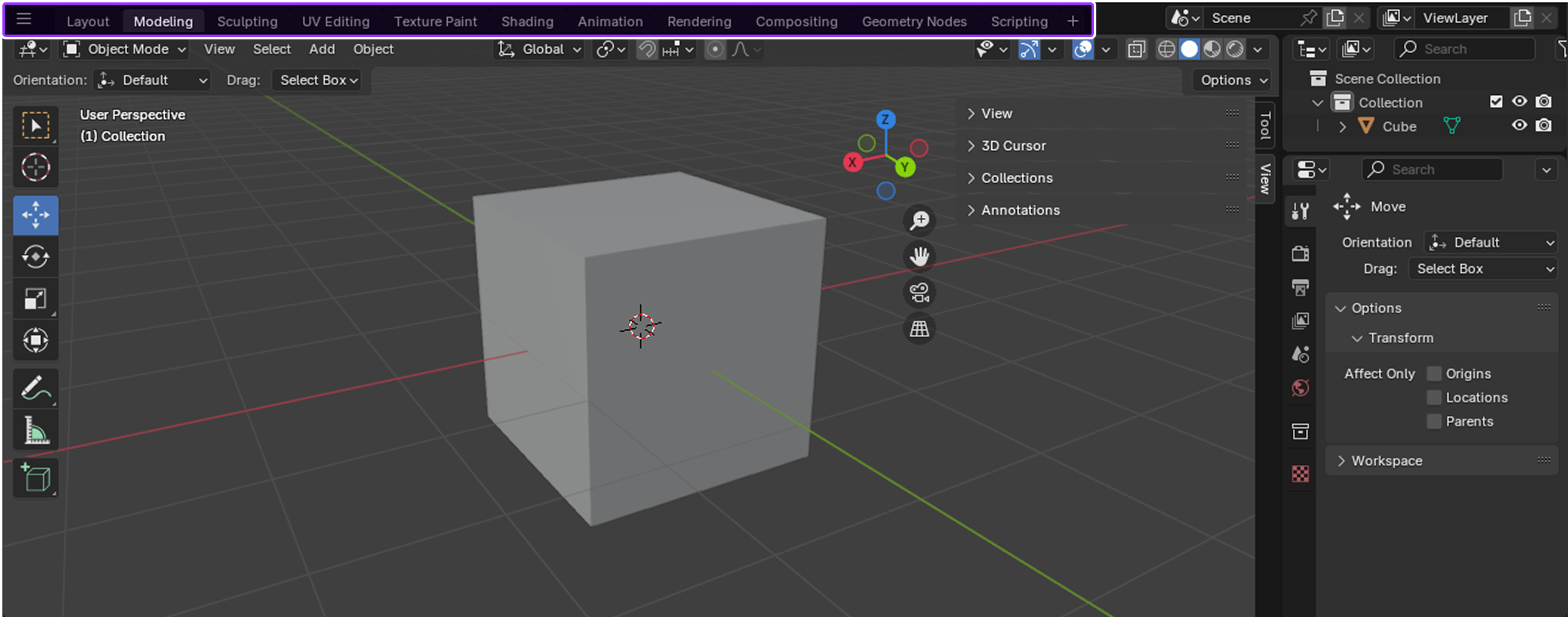 Blenders UI Mit Workspaces 