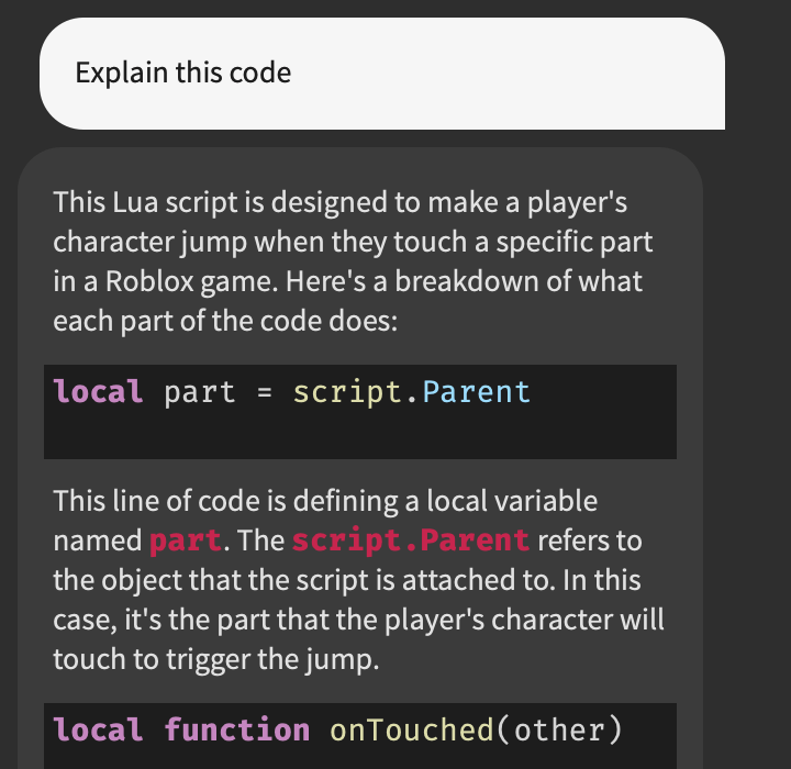 Assistant For Studio Roblox Creator Hub Studio Explain Code 