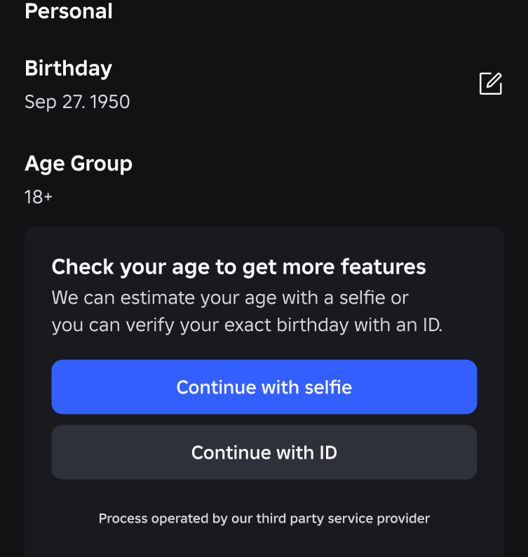 Option To Verify Age With Selfie Or ID Verify Birthday 