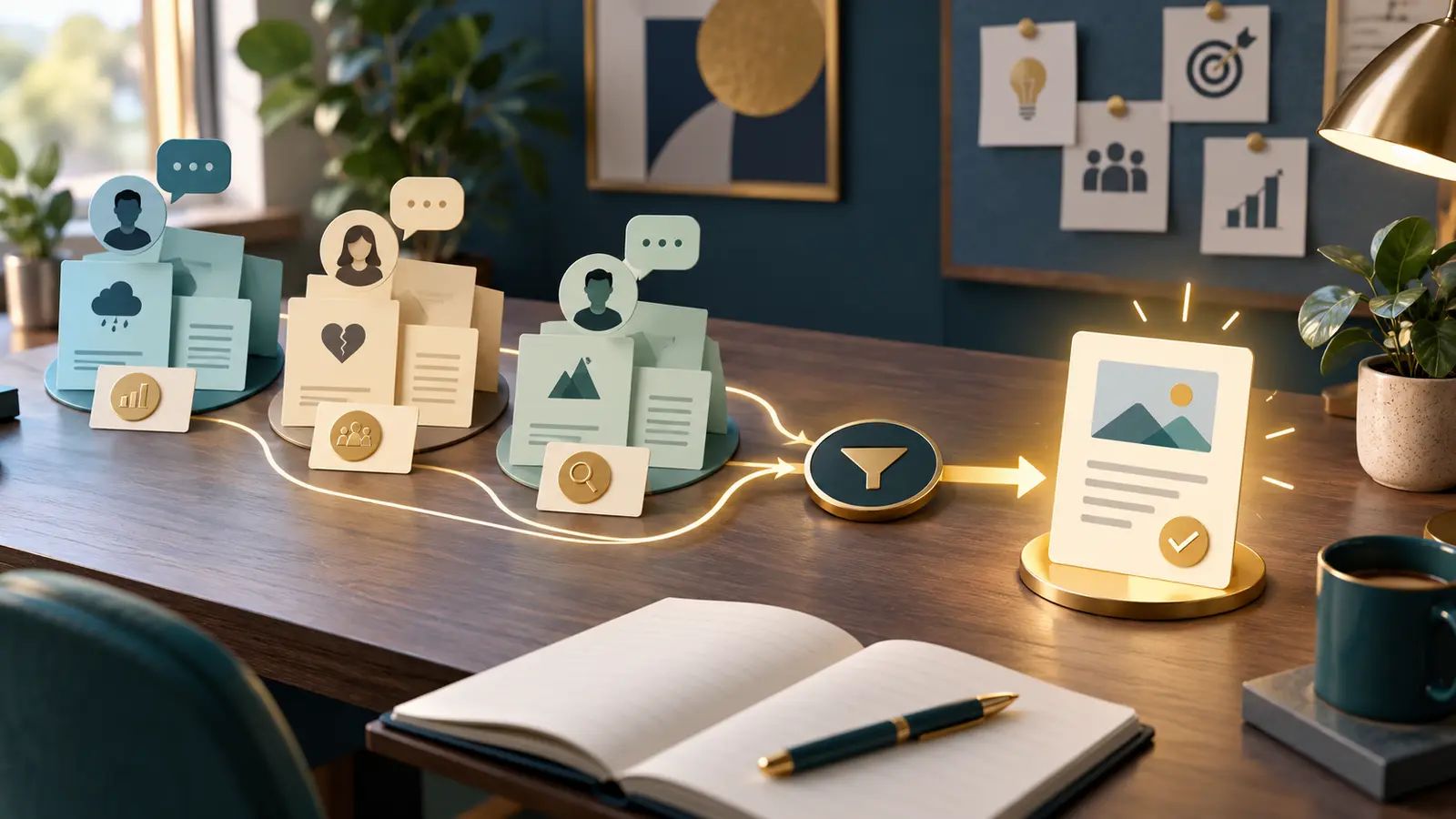 Customer problem cards flowing through an evidence filter into one selected content brief