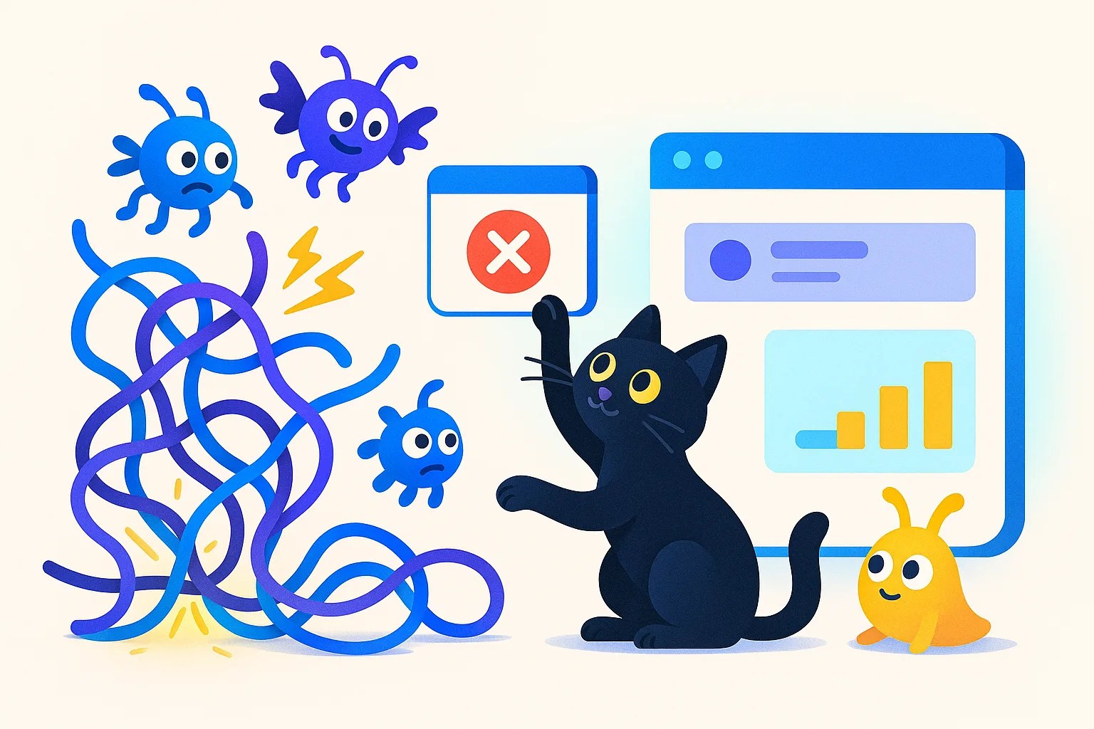 Ilustración: domando pequeños errores mientras se construye el sitio, con un gato negro