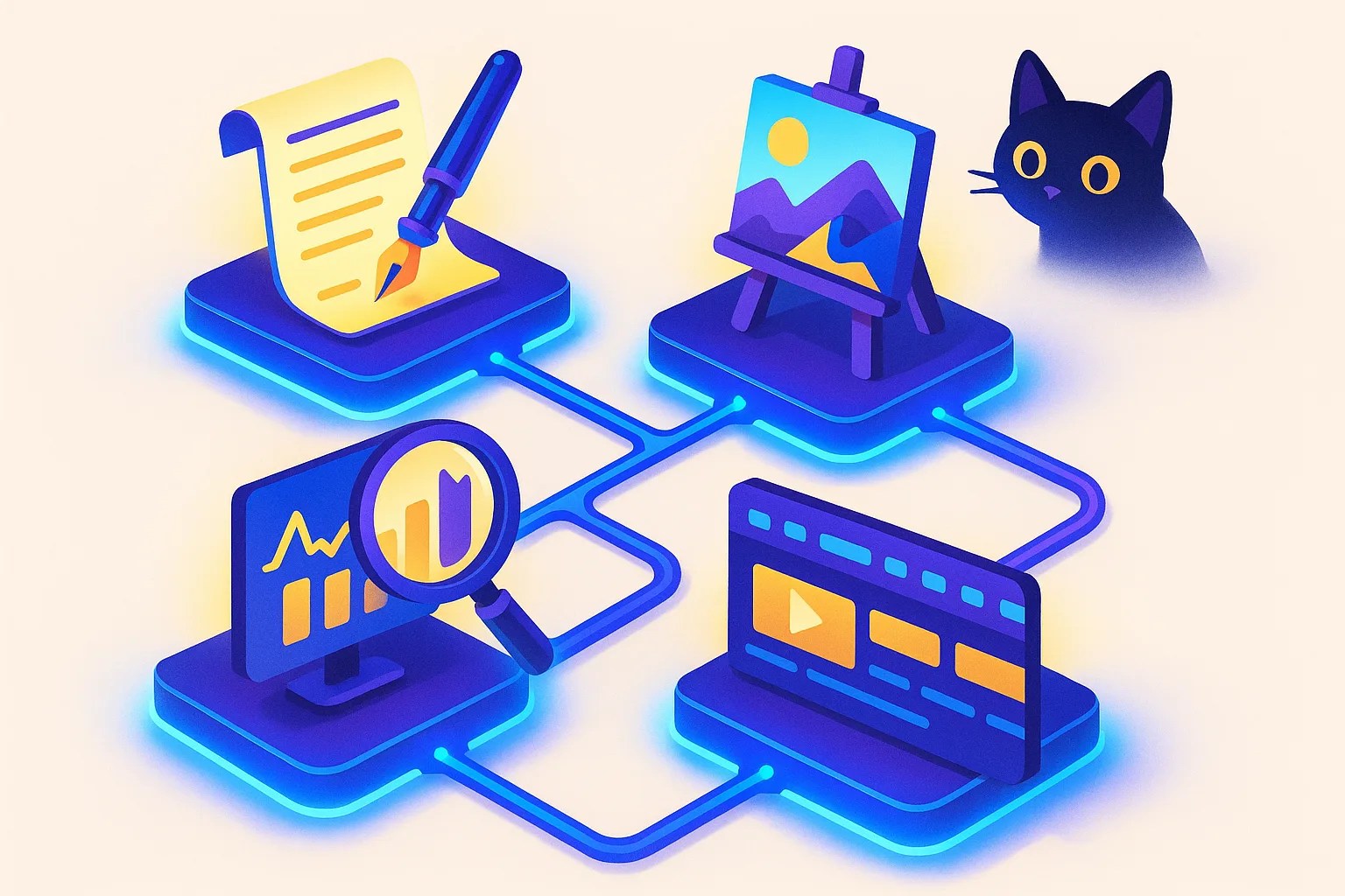 Ilustración: un banco de trabajo de herramientas de IA conectadas — escritura, imagen, auditoría y video