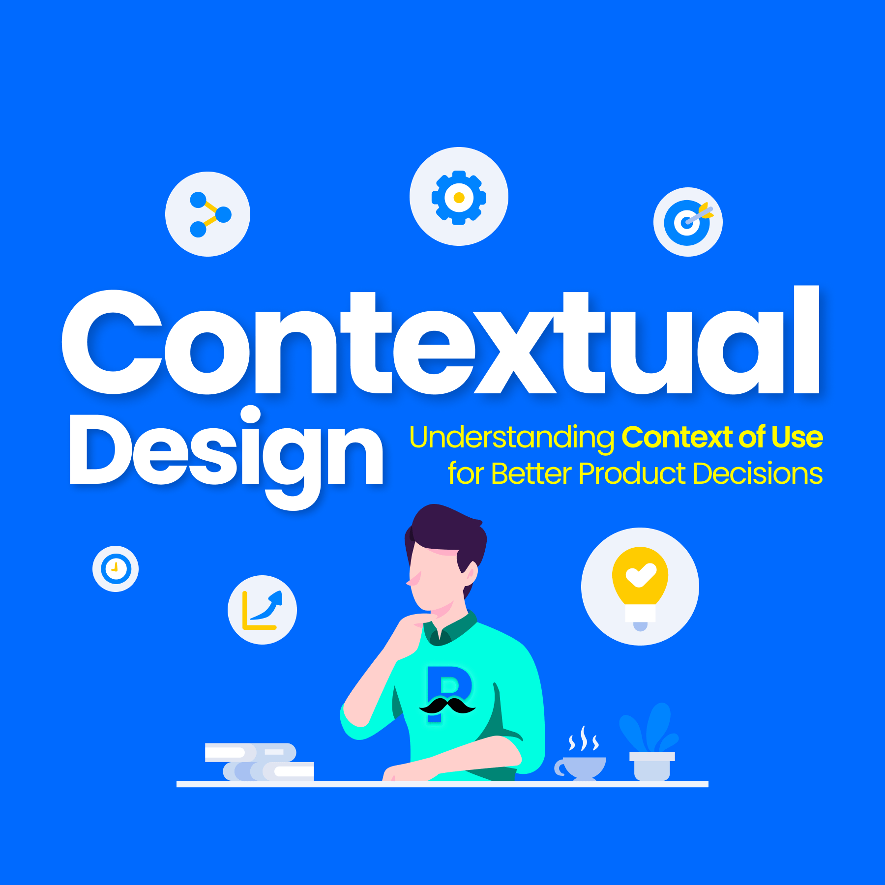 Illustration showing “Contextual Design” with a person thinking at a desk, surrounded by icons representing context of use and product decision-making.
