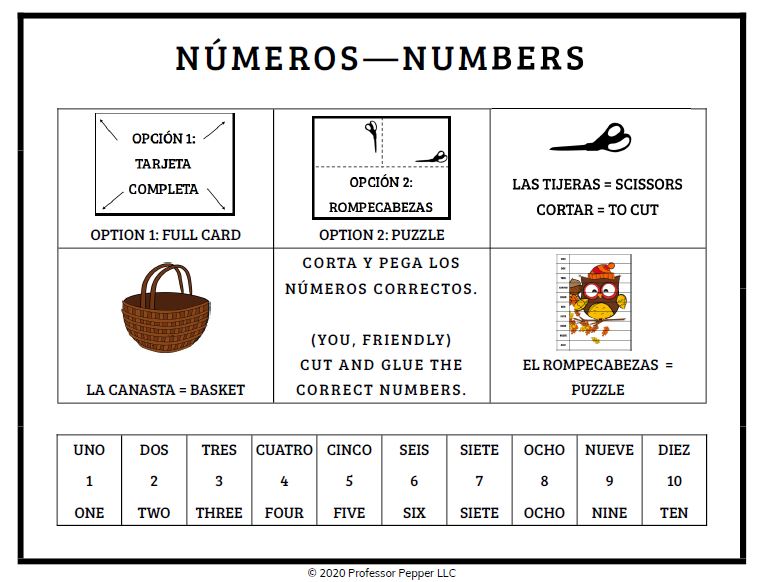 Fall Preschool and Kindergarten Spanish Activities Pack - Professor Pepper
