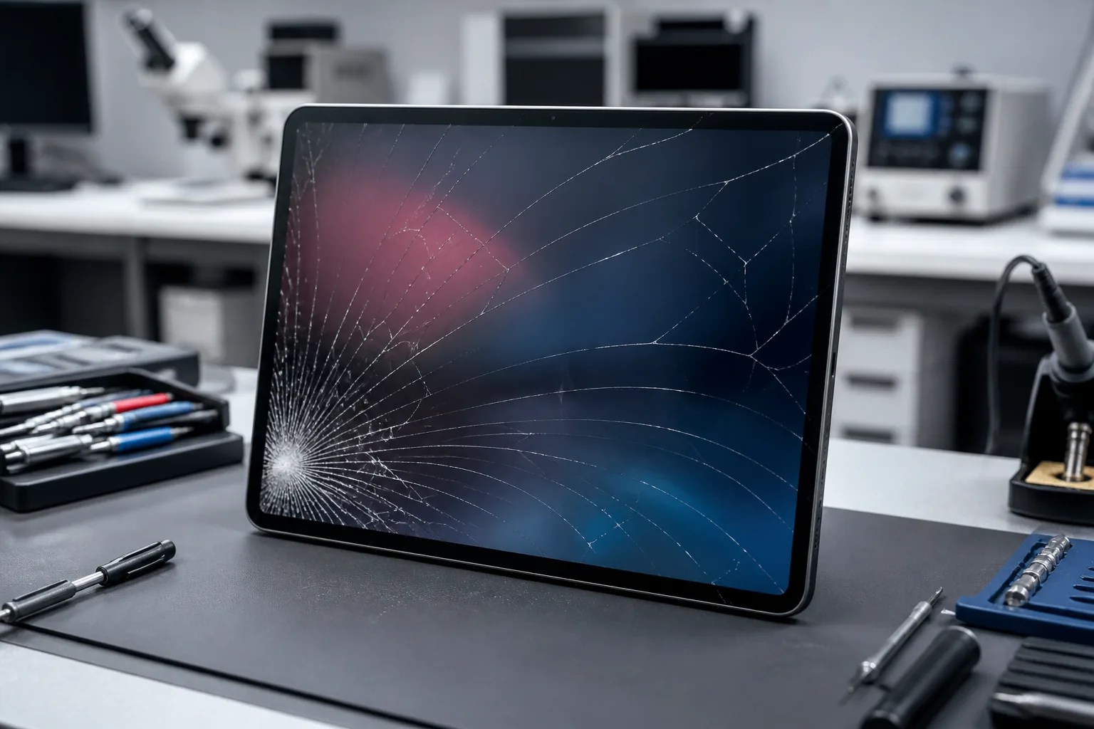 Cracked iPad screen on a professional repair bench in Toronto