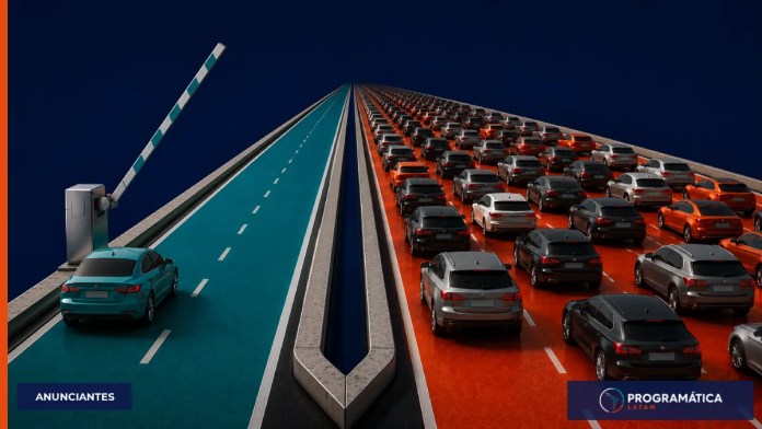 Bifurcación entre programmatic direct y open auction, una ruta reservada con barrera y una autopista abierta congestionada