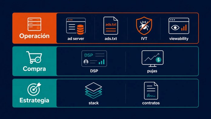 diagrama de las tres capas de un equipo programático, operación, compra y estrategia, con el rol de Ad Ops Manager destacado