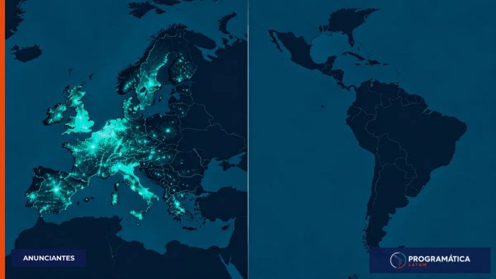 Mapa editorial que contrasta datos de programática en Europa con una silueta de Latinoamérica sin evidencia equivalente