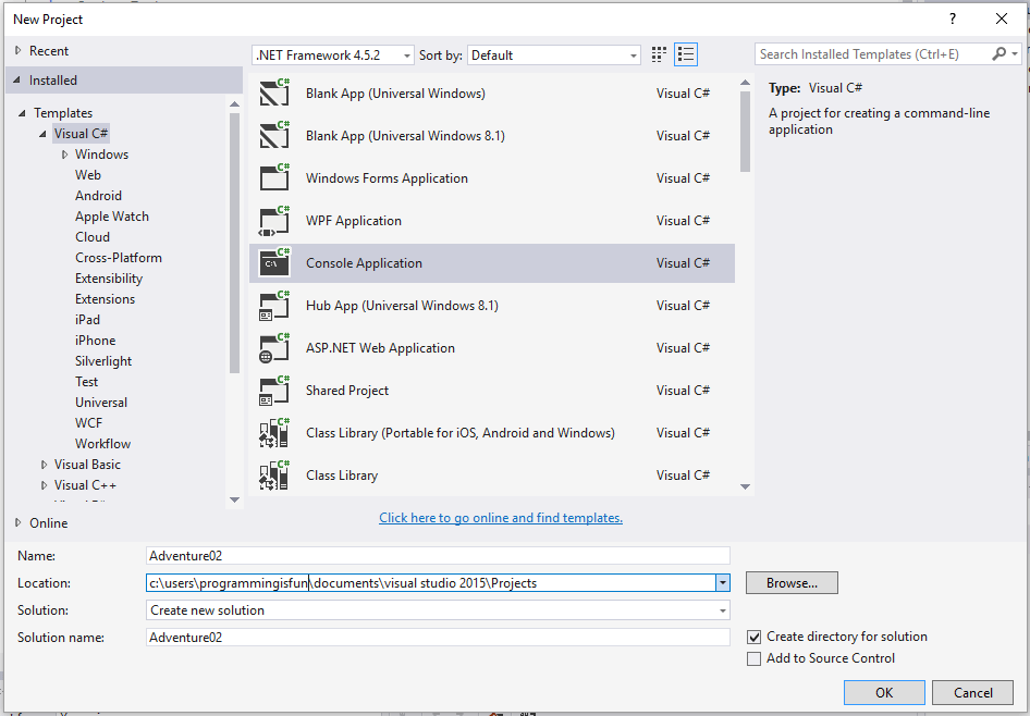 C# Adventure 02: Output - New Project