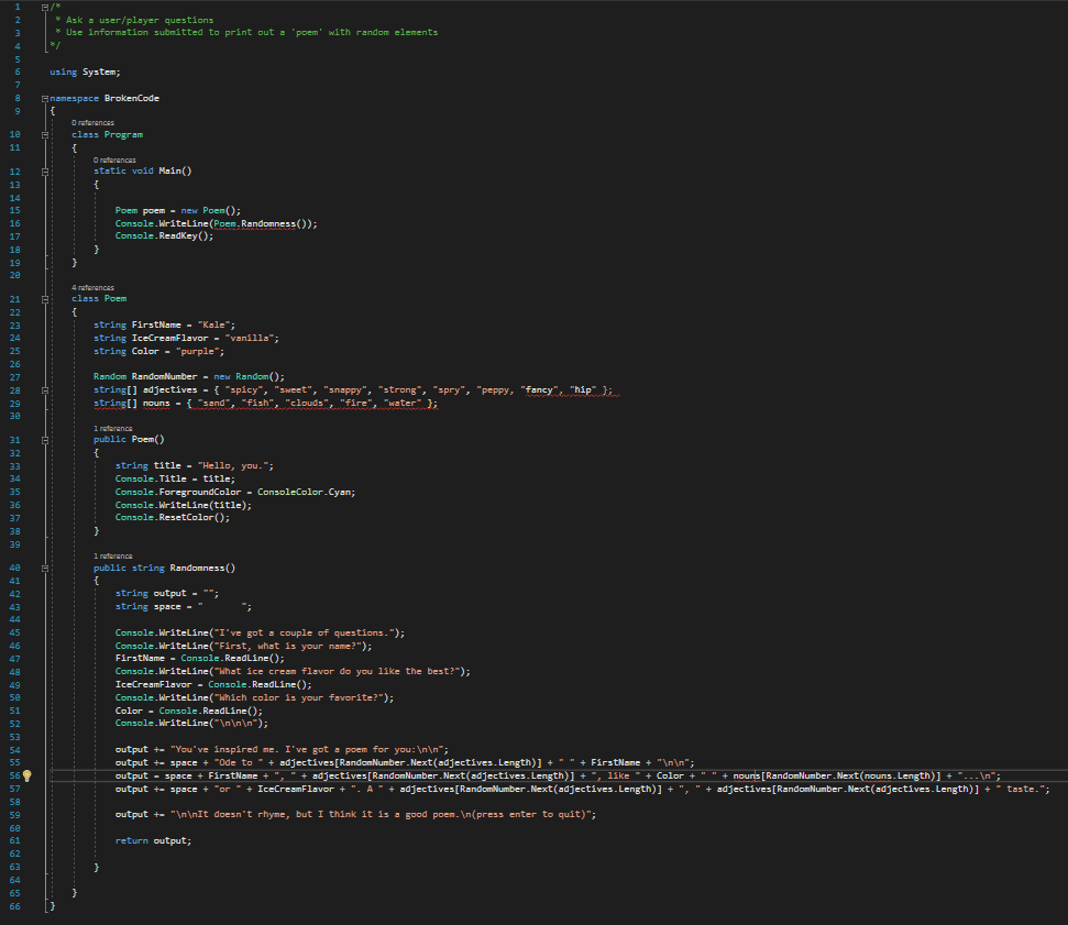 Debugging Code: Poem Generator (C#) • Programming is Fun