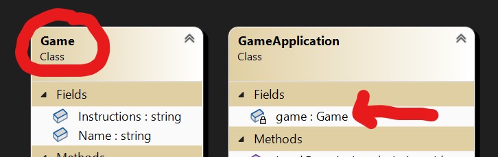 This containment example shows an instance of a Game class as a field in a GameApplication class.