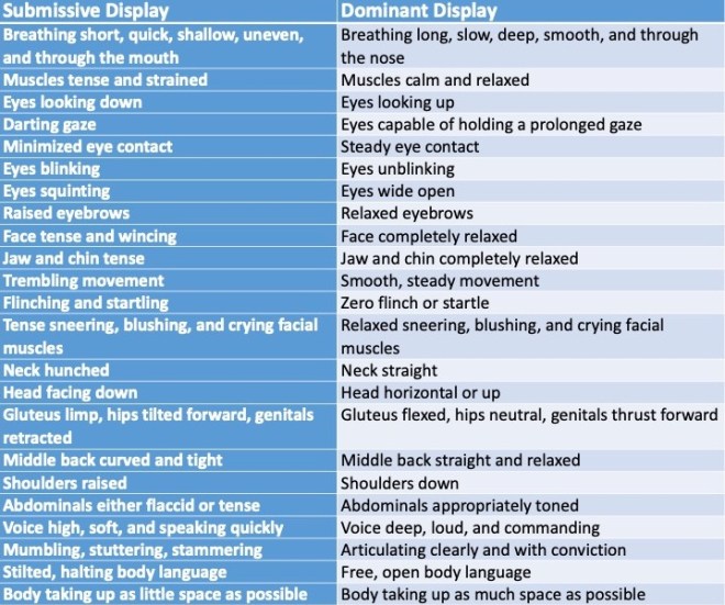 Table of dominant and submissive displays in humans for Program Peace