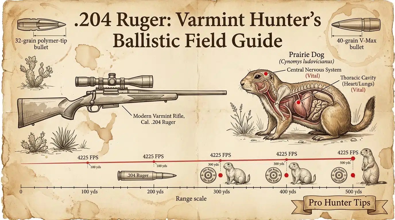 Alt text: .204 Ruger ballistic field guide featuring a varmint rifle, prairie dog anatomy, and bullet specifications.