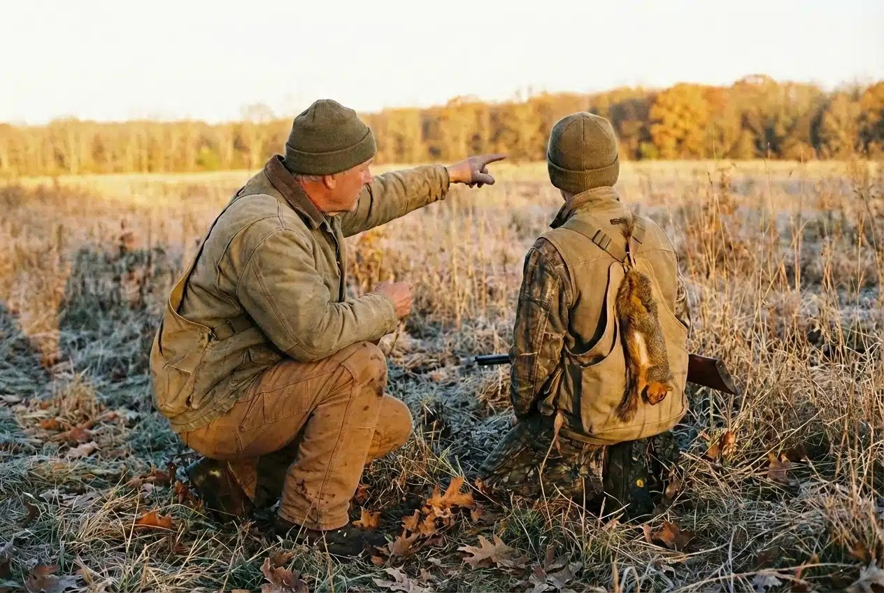 Hunters in frosty field, one pointing ahead, discussing strategy with rifle and game on the other’s back.
