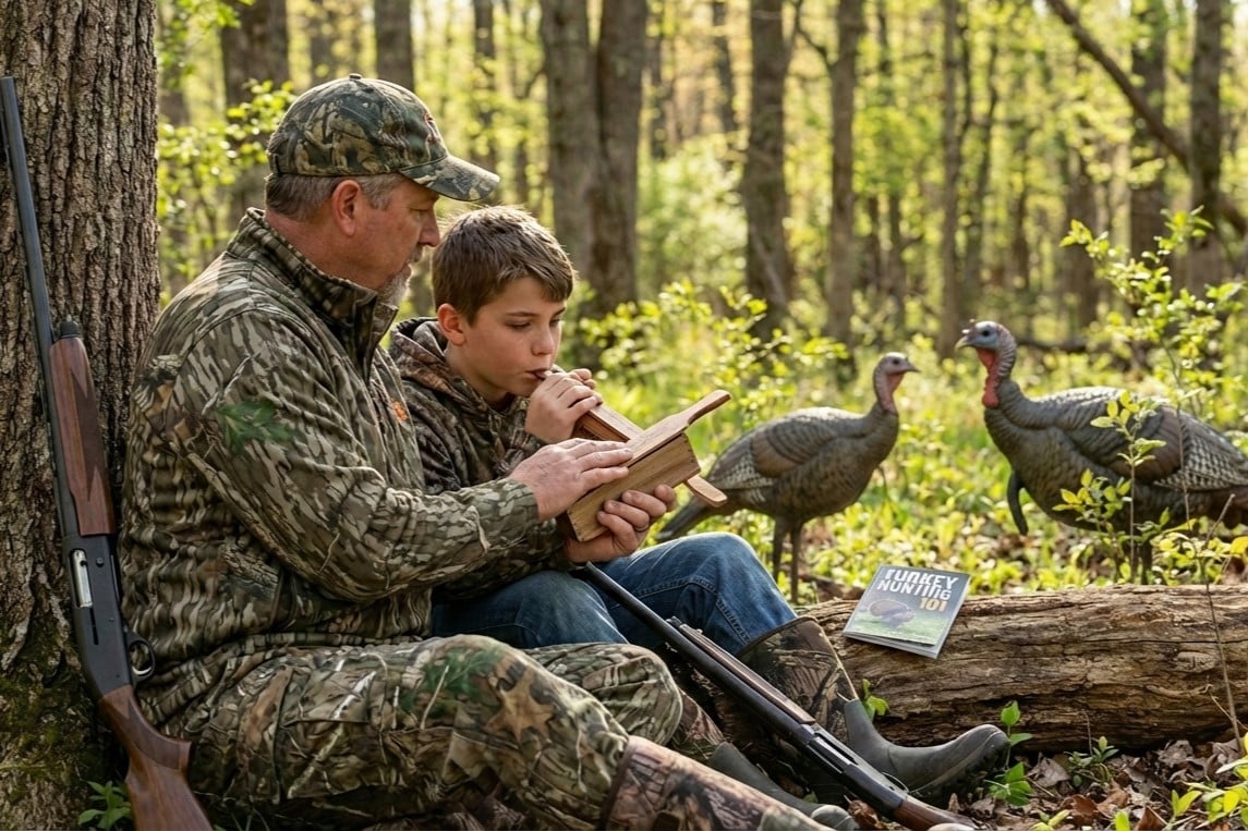 Father and son practicing turkey calling in forest with Turkey Hunting 101 book.