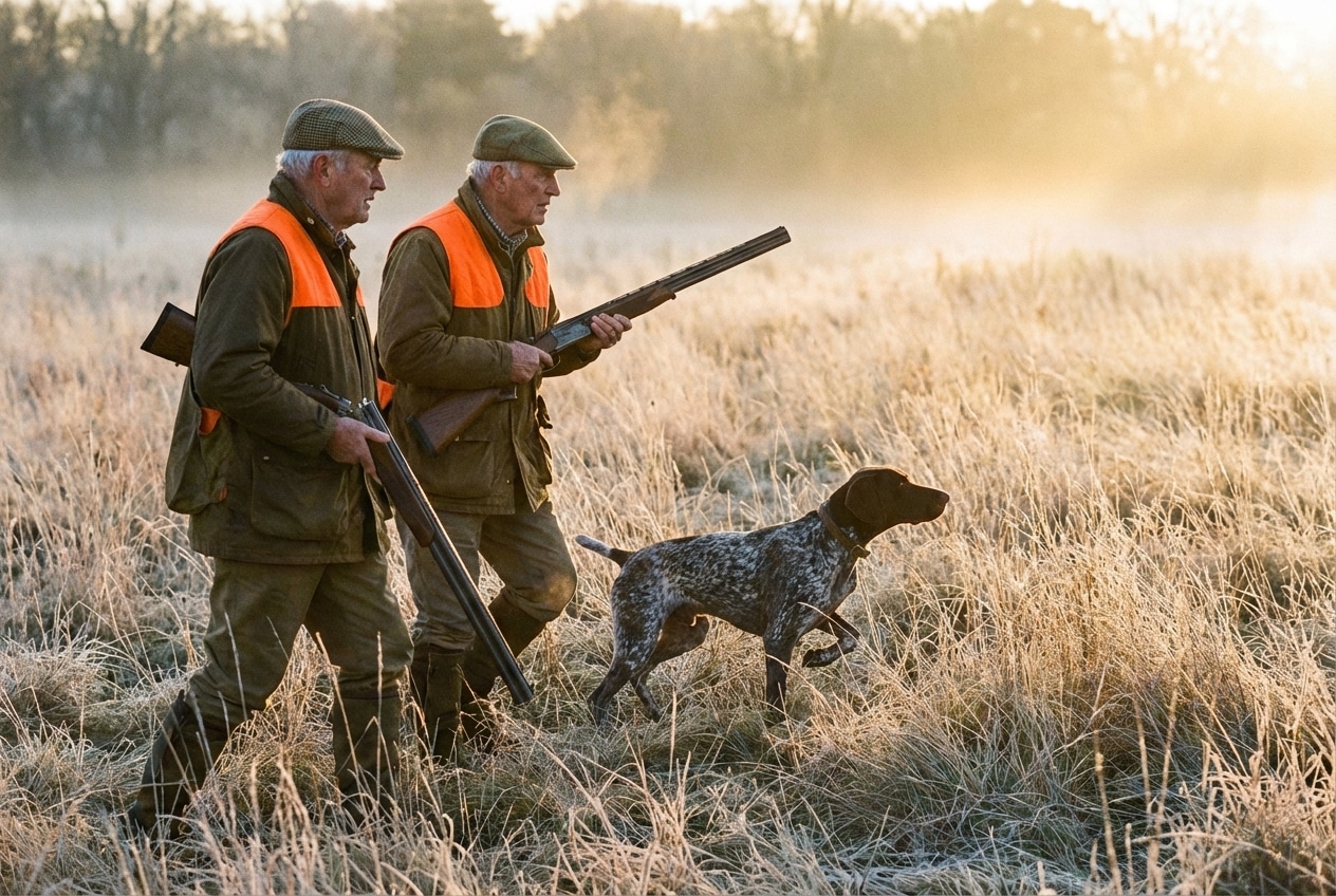 Two hunters and a dog walking in a field at sunrise, dressed in orange safety vests, holding rifles.
