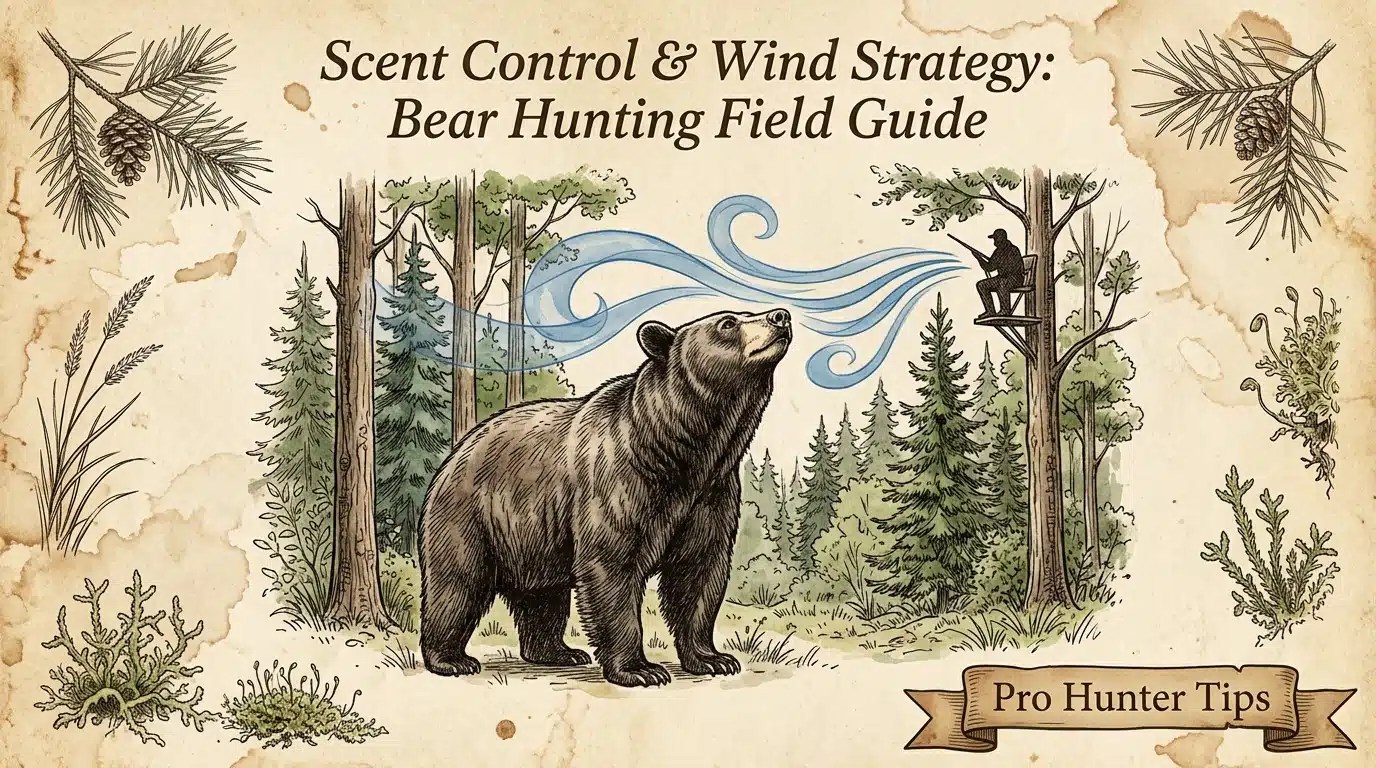 Illustrative guide on bear hunting techniques, focusing on scent control and wind strategy in a forest setting.