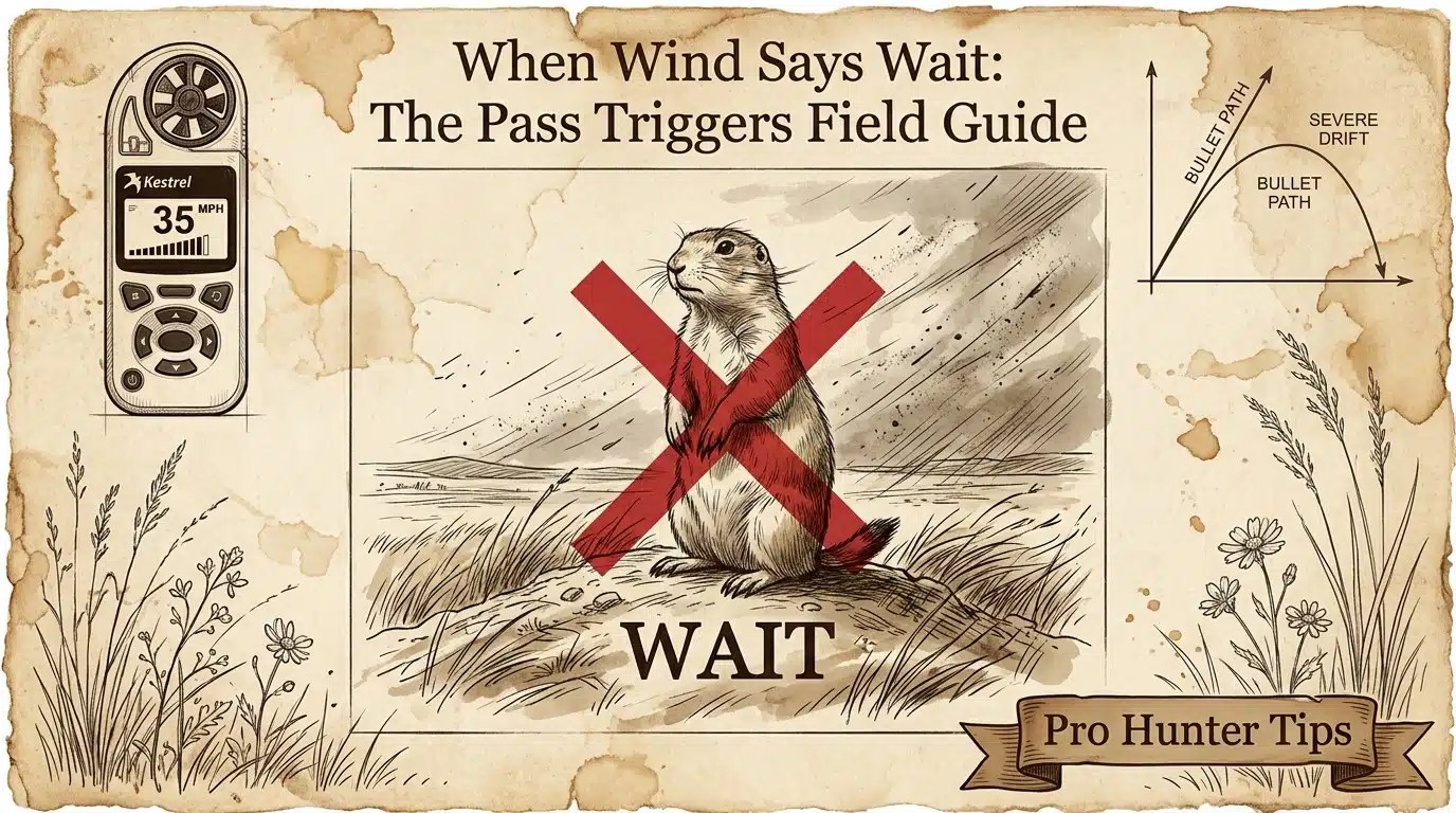 Illustration of a hunting guide emphasizing timing and wind conditions, featuring a crossed-out waiting message.