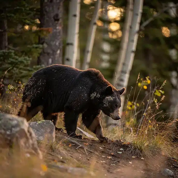 A black bear walks through a forest with aspen trees, bathed in warm sunset light, showcasing its natural habitat.