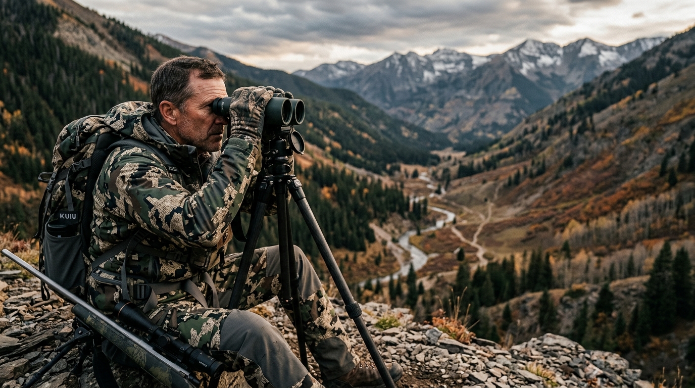 Camo-clad hunter on rocky ridge using binoculars on tripod, scoped rifle beside him, mountain valley and winding river below
