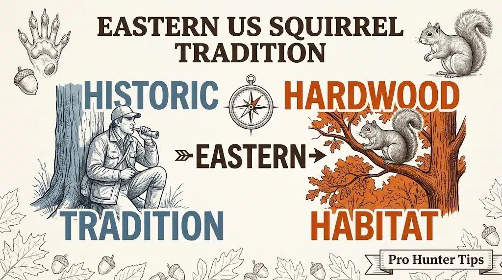Illustration depicting Eastern US squirrel hunting tradition, showcasing a hunter, squirrels, and hardwood habitat elements.