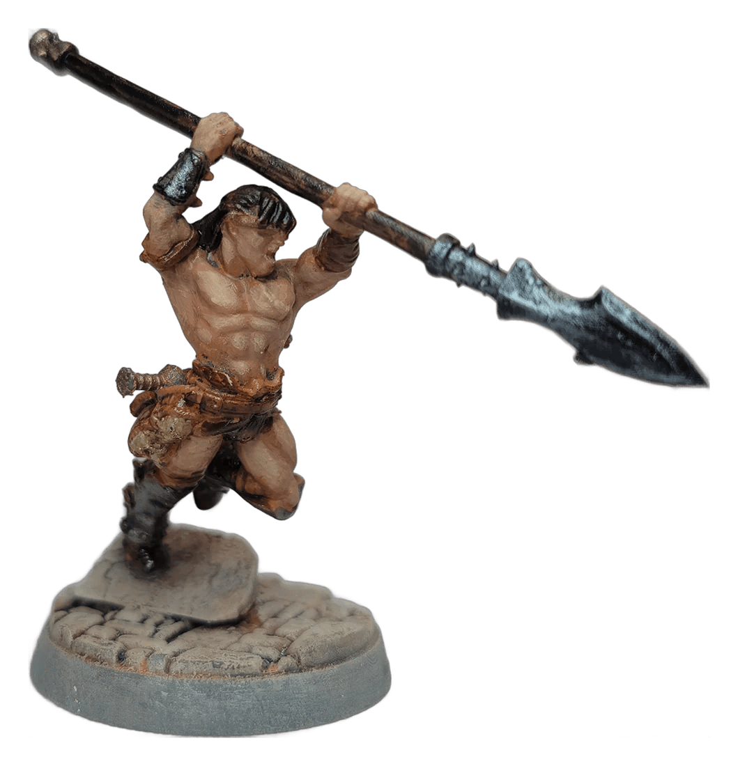 Hand painted barbarian hero miniature with spear, 32mm commission example